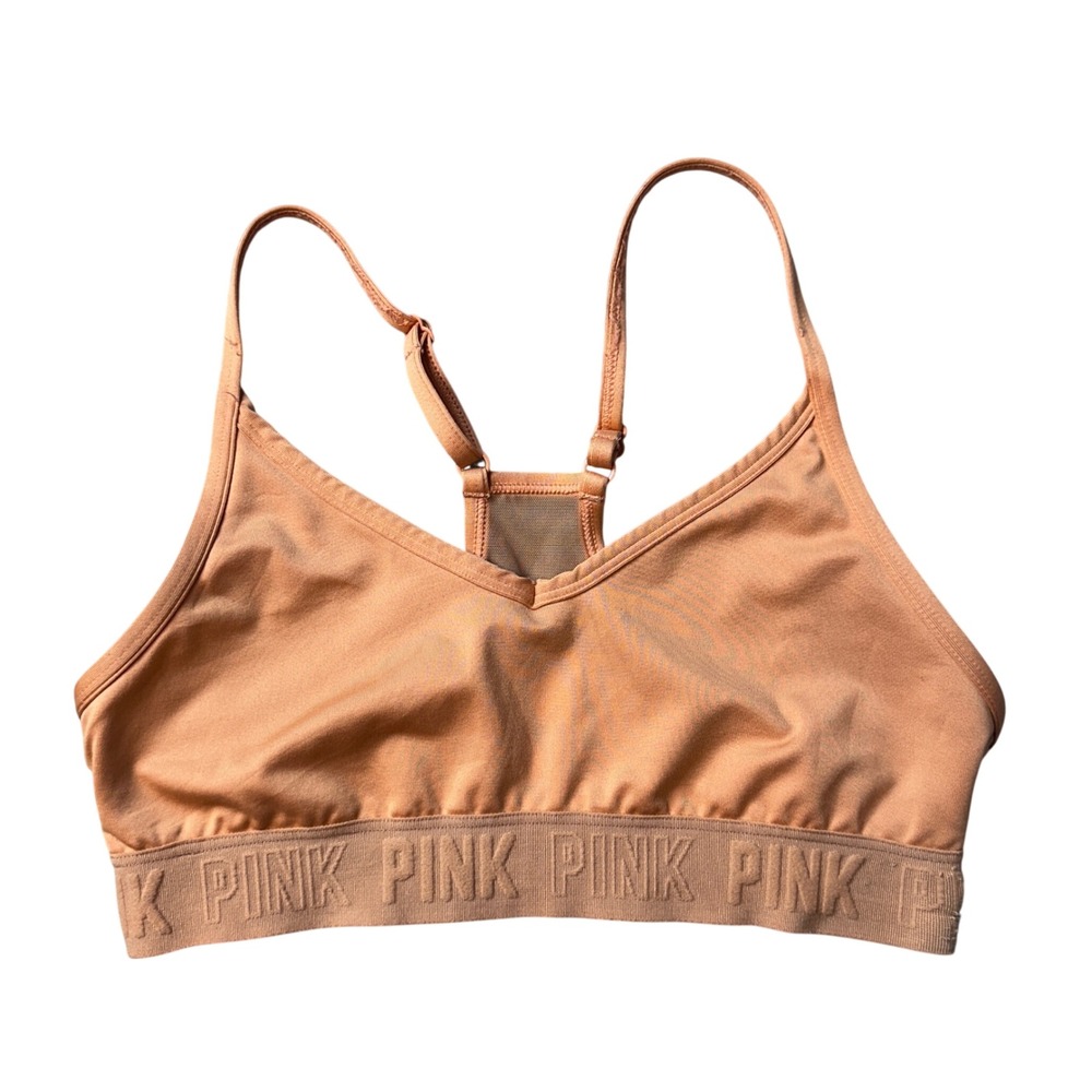 PINK Sports Bra Womens S Tan Ultimate Lightly Lined Active‎ Mesh Racerback Logo